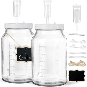 2 Pc 1 Gallon Large Fermentation Jars with 3 Airlocks and 2 Screw Lids, 100% Airtight Heavy Duty Lid Silicone, Wide Mouth Glass Jars Scale Mark - Pickle Jars for Sauerkraut, Sourdough Starter