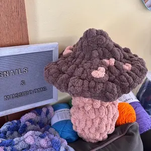 Giant Mushroom Decor - Whimsical Chunky Crocheted Pillow with Heart Spots