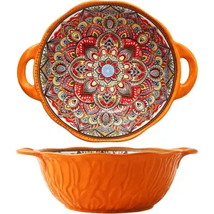 2-Pack Boho Ceramic Serving Bowls with Handles, 40 oz Porcelain Salad Bowls, Large Serving Dishes for Entertaining, Mixing Bowls for Soup, Stew, Pasta, Cereal, Colorful Embossed Cute Bowl Set