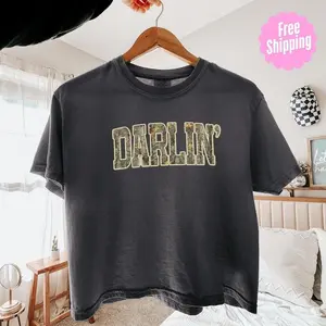 Darlin Camo Text Crop Tee Boxy Fit Vintage Streetwear Graphic Shirt