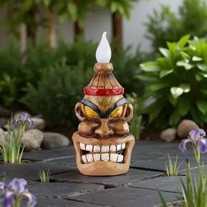 Hand-Carved Solar Grinning Wooden Head Sculpture | Rustic Bohemian Home Decor for Shelf, Desk, Wall, Garden - Resin, Suitable for Various Holidays, Festival Gift, Birthday Gift