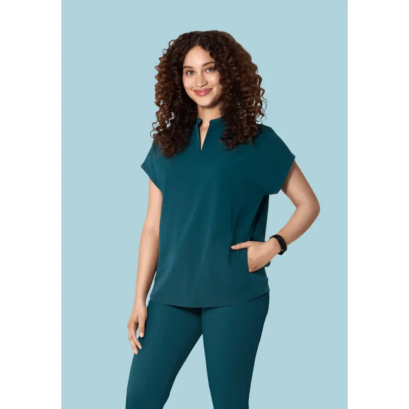 Mandala Scrubs Women's Mandarin Dolman Top, Caribbean Blue, Workwear Uniforms
