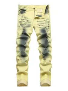 Man's Yellow And Purple Ripped Men's Jeans Classic Jersey Slim Denim Bottoms Men's Jeans - Stretchy, Comfortable And Stylish - Perfect For Everyday Casual Wear