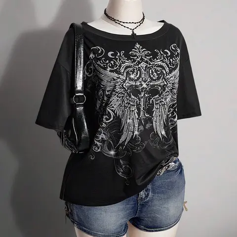Women's Vintage Gothic Wing Print Short Sleeve Top, Summer Casual Fashion Graphic T-Shirt, Casual Trendy Tee