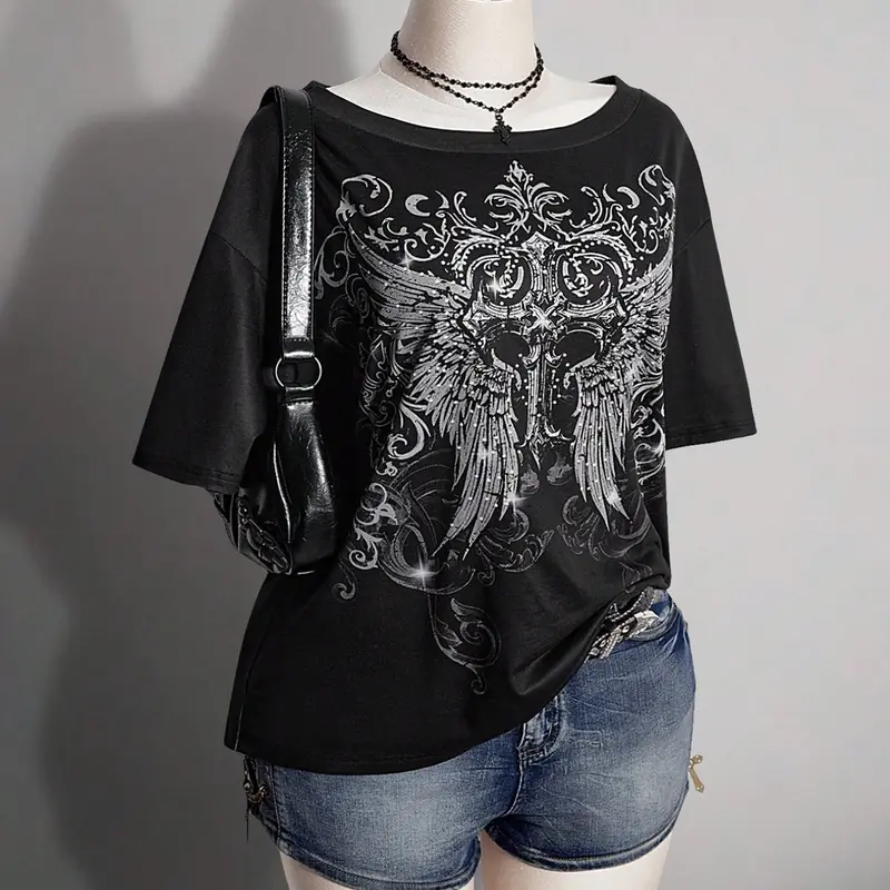 Women's Vintage Gothic Wing Print Short Sleeve Top, Summer Casual Fashion Graphic T-Shirt, Casual Trendy Tee