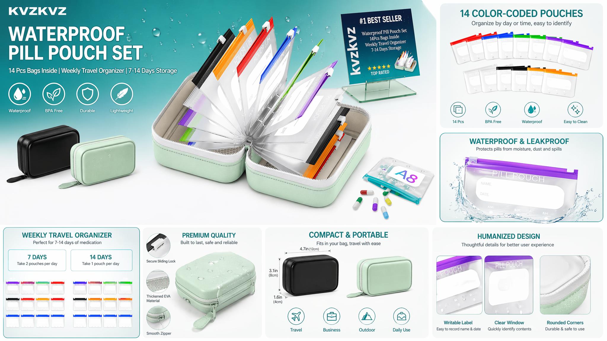 Waterproof Pill Organizer Travel Case, Large Weekly Medicine Pouch Set with 14 Color Coded Bags, Reusable Vitamin & Supplement Storage Organizer for Daily Wellness