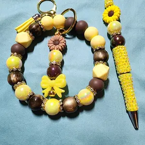 Handmade Yellow & Brown Beaded Keychain with of Lock Wire Durable and Long-Lasting Accessory