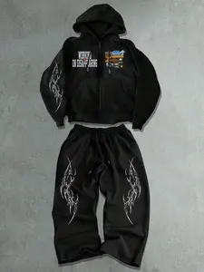 Men's Fall Winter New English Print Drawstring Hoodie Sweatshirt Jacket + Loose Fit Design, Casual Street Style Pants Set