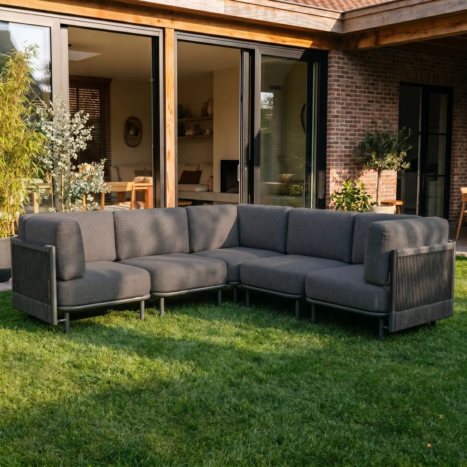 5 Pieces Patio Furniture Set, Modern Outdoor Modular Sectional Conversation Set L-Shaped Sofa with 7-inch Cushion for Garden Backyard Deck
