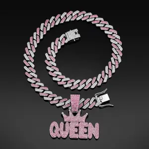 1pc Pink Crown QUEEN Letter Hanging Necklace, Paired with A 20 Inch Cuban Necklace, Suitable for Both Men and Women, Used for Daily Outdoor Leisure, Music Parties, Holiday Gifts