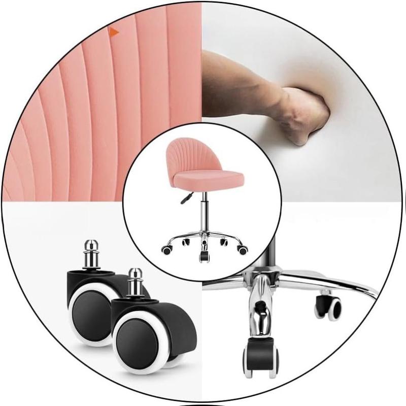 KKTONER Rolling Stool Swivel Office Chair Velvet Vanity Chairs Height Adjustable stools with Back for Bedroom Home Makeup Cosmetic Drafting(Pink)
