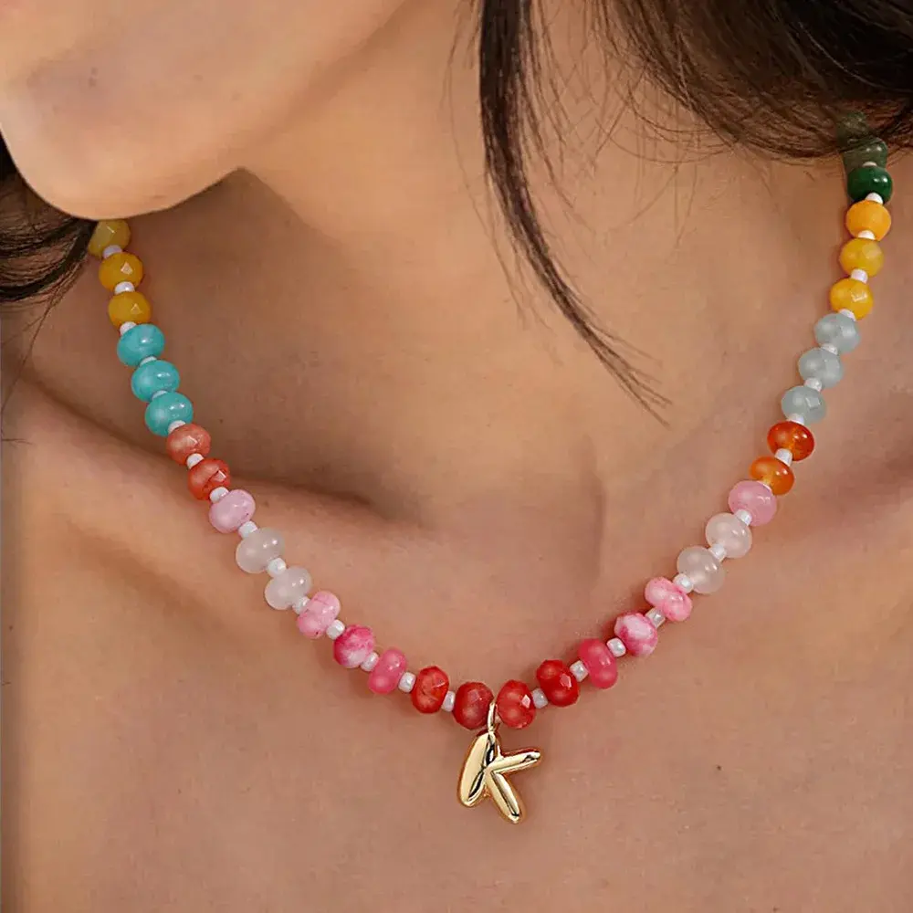 Embellished Bead Necklace, Colorful Eclectic Boho Choker for Women with A-Z Initial Charm, 16 Inch Natural Stone Summer Beach Jewelry, Colorful Eclectic Boho Necklaces, Embellished Bead Necklaces