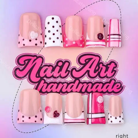 Delicatething Y2K Style Nail Tips Set, Nail Art Supplies, Nail Art Products, Handmade Wearable Nails, 4 Sizes XS S M L, Perfect Gift for Girls, Includes Jelly Glue Crystal Stick, Nail Charms