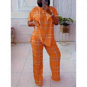 A Two-Piece Set with a Checkered Pattern, Featuring a Round-Neck Short-Sleeve Top And Straight-Leg Pants, Designed for Women