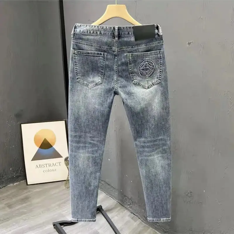 Men's Slim-Fit Elastic Embossed Blue Denim Jeans - 2026 Korean Trendy Streetwear, Lightweight Plain Trousers for Small Feet