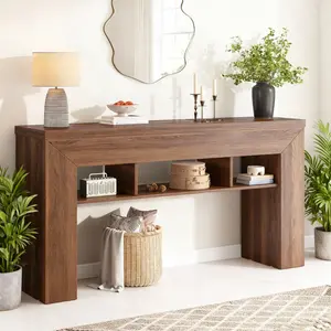 【Cozy Home Vibe】RaybeeFurniture 63" Long Console Table for Entryway with Extra 3 Large Open Storage Shelves, Wooden Rectangular Sofa Table Behind The Couch, Loading 220LBS Capacity, Modern Farmhouse Entryway Table for Entrance, Hallway, Living Room, Decor