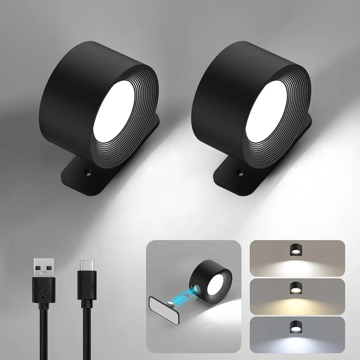 Cordless Wall Sconce, Wall Mounted Lamp with Rechargeable Battery Operated USB Port 3 Color Temperature& 3 Brightness Level 360 Rotate Magnetic Ball,