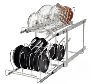 2-Tier Pull Out Pot and Pan Organizer Rack – Slide-Out Heavy Duty Steel Storage Shelf with Adjustable Dividers – Space-Saving for 13" Cabinets – Silver Double Layer Pot Rack – Silver