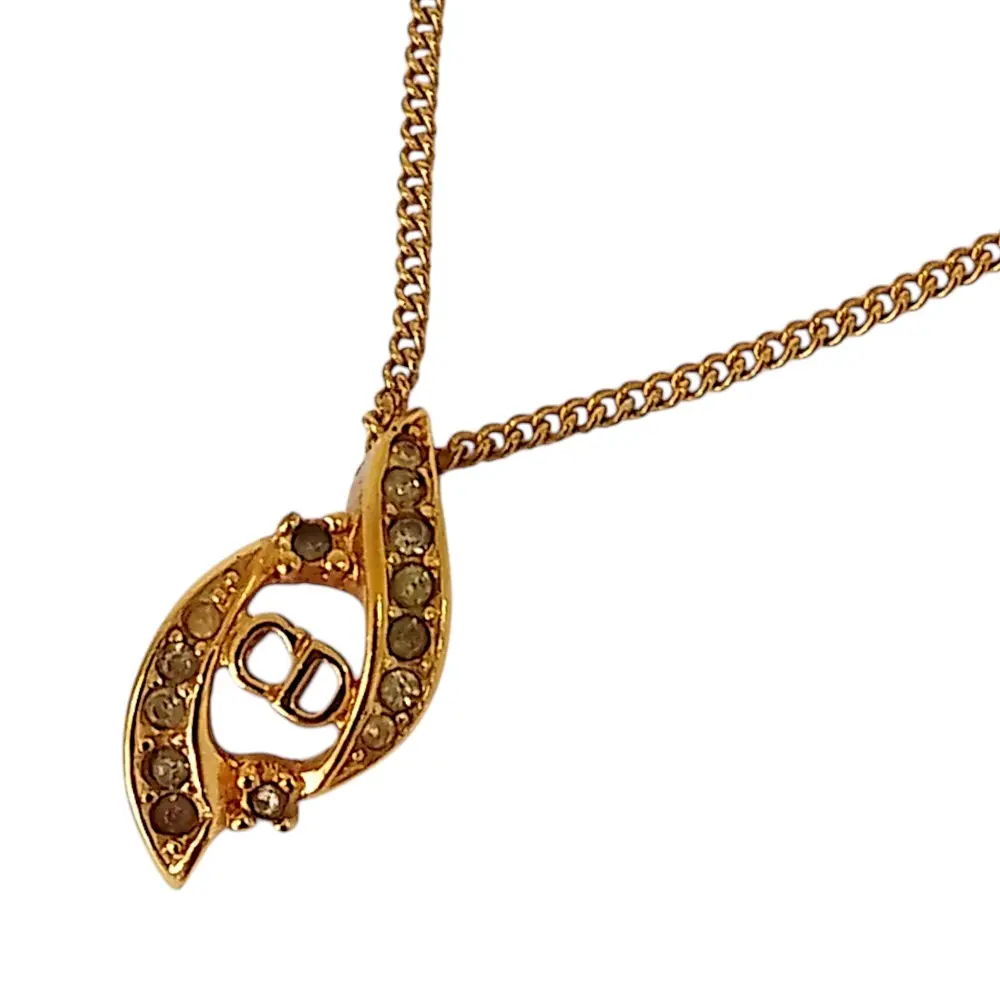 Pre-owned Dior Gold-plated Small Leather Goods Christian Logo Rhinestone Necklace
