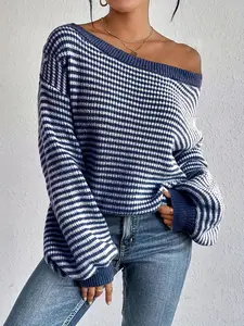Women's Casual Off-Shoulder Pullover Sweater, Knitwear, & Striped Loose Fit Drop Shoulder Sleeve, Soft Knit Fall Winter Top
