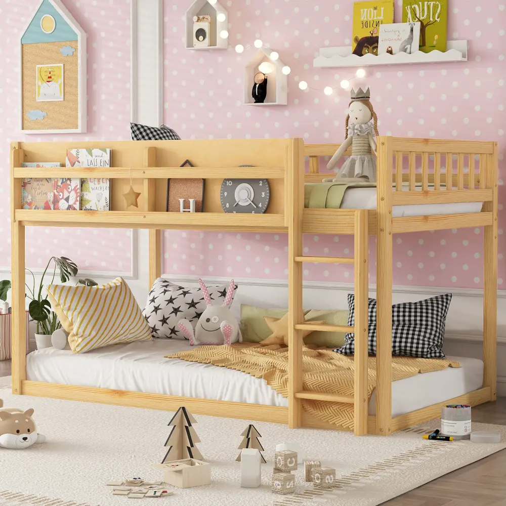 Low Twin Over Twin Wood Bunk Bed, Floor Bunk Bed with Ladder, Solid Wood Twin Bunk Bed,Natural