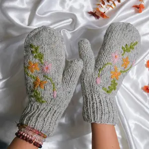 HandKnit Wool Mittens with Embroidered Floral Design, Cozy Winter Gloves, Soft & Warm Handmade Gift for Her, Fleece Lined Winter Accessory
