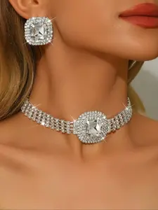 Sparkling Rhinestone Claw Chain Jewelry Set, Elegant Square Geometric Rhinestone Earrings, Necklace Set, Women's Evening Party Theme