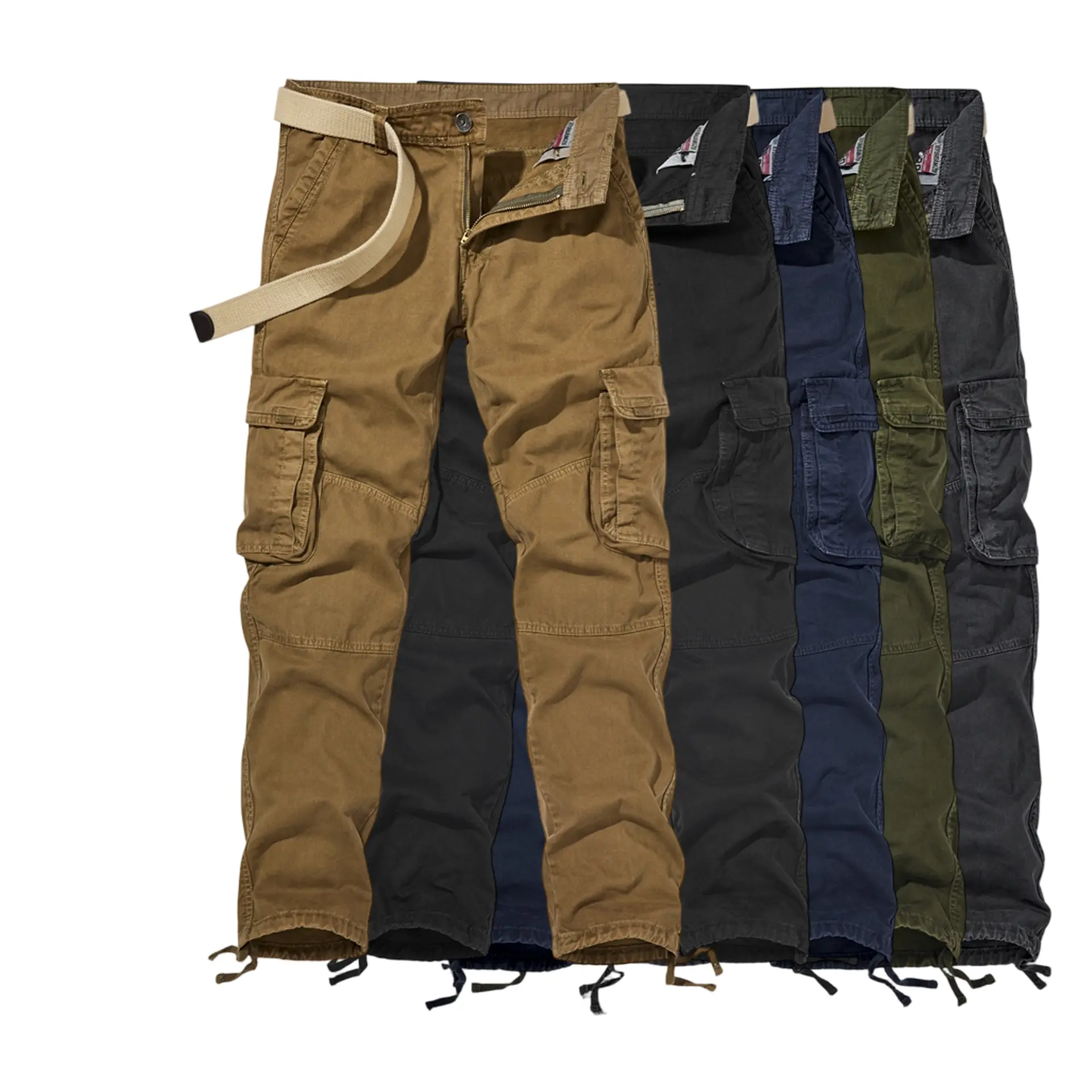 Men’s cargo pants with multiple pockets and belt design, adjustable hem, suitable for outdoor hiking and everyday casual streetwear.