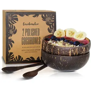 Wooden Spoon Coconut Bowl Set - Eco-Friendly Acai Bowl, Yogurt Bowl, and Smoothie Bowl - Perfect Healthy Breakfast (2-Piece Set) Tableware Smoothie Bowl