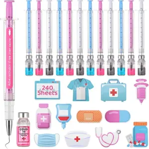 252 Pcs Syringe Pens Bulk 3 Colors Novelty Nurse Pens 240 Sheets Adhesive Notes 0.5 mm Black Ink Ballpoint Pen Writing Pen Smooth Writing Pens Fun Gifts for Halloween Party Favors, School Supplies, Birthdays