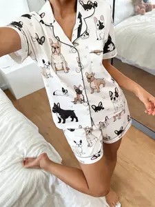 Cute French Bulldog Full Print Short Sleeve Shorts Set, Women's Sleepwear Pajamas Loungewear Two-Piece, Soft Breathable Loose Casual