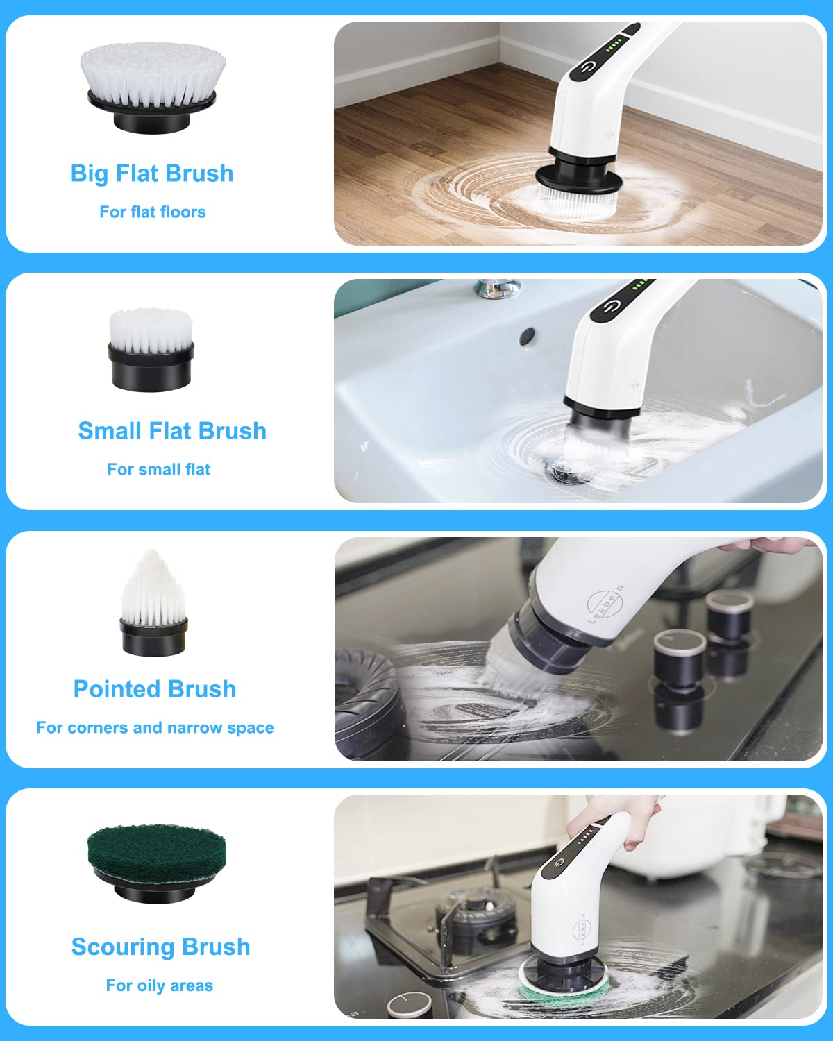 Cordless Spin Scrubber - USB Rechargeable Power Scrubber, Adjustable Speed, 8 Replaceable Brush Heads, Back Pain Relief for Bathroom, Kitchen Home Improvement Cleaning