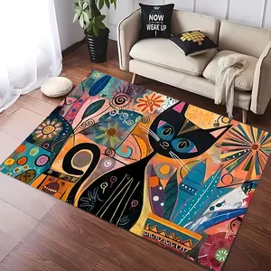 Creative Pop Art Cat Decorative Rug, High Saturation Color Block Design, Round Cartoon Cat Pattern, Indoor Outdoor Use, Christmas Gift
