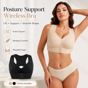 【Postural correction】Women’s Beige Wireless Bra, Soft Breathable Non-removable Moulded Cups, Yoga Fitness Sportswear for Gym & Daily Training