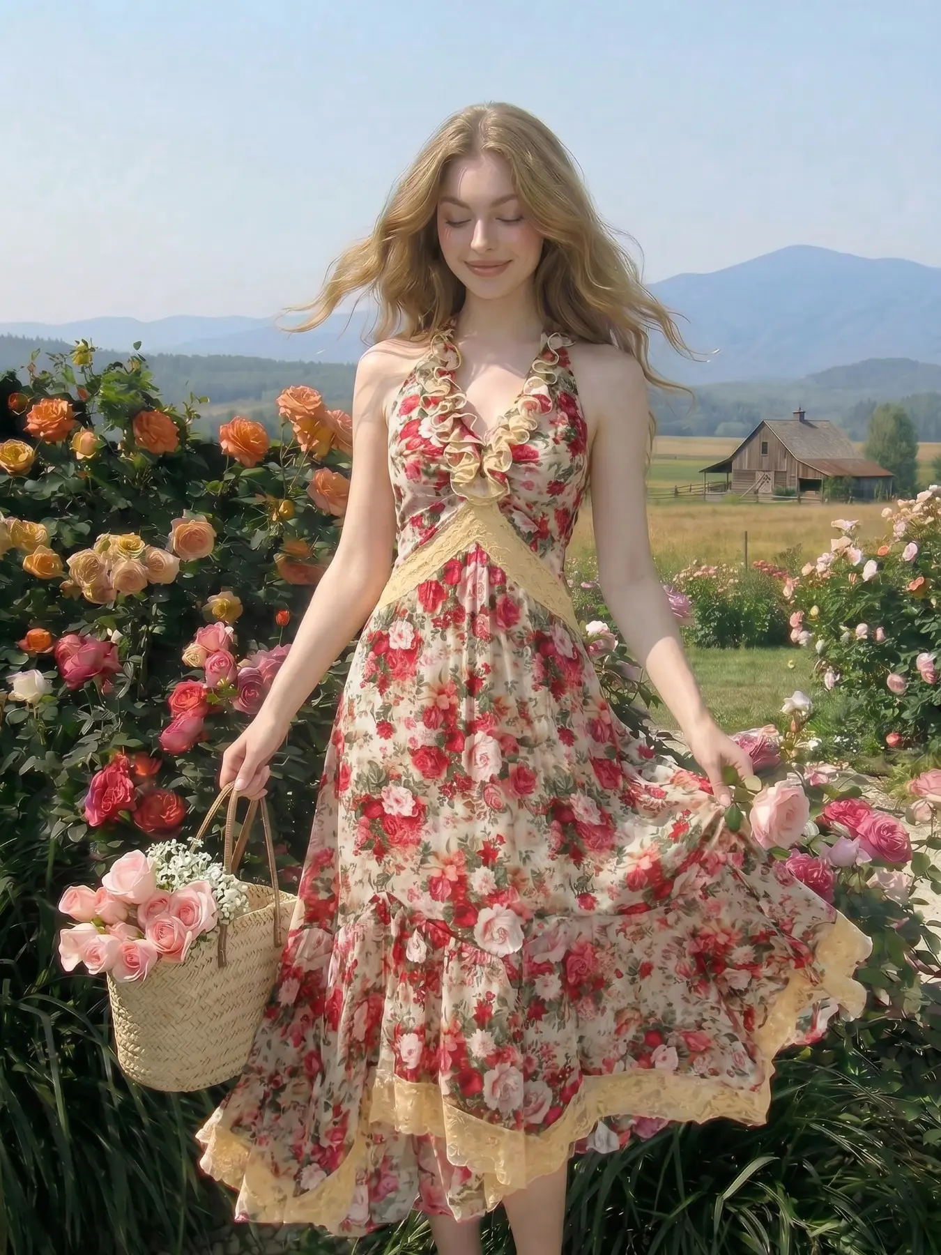 Women's Rose Print Floral Halter Long Dress, Ruffle Lace Layered Flowy Dress, Casual Elegant Feminine Summer Bohemian Style, Picnic Bride Party, Travel Date Wear, Boho, Bohemian Boho Chic