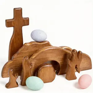 DZX The Empty Tomb Easter Scene and Cross, Wooden Easter Resurrection Scene Cross Jesus Tomb Tray Set, Jesus Nativity Scene Decor for Religious,Christian Gifts,Home Office Tabletop. (A)