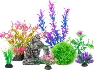 Aquarium Artificial Plastic Plants Decorations and Rock Cave Decor Set Goldfish Betta Fish Tank Accessories Small Large Fish Bowl Ornaments