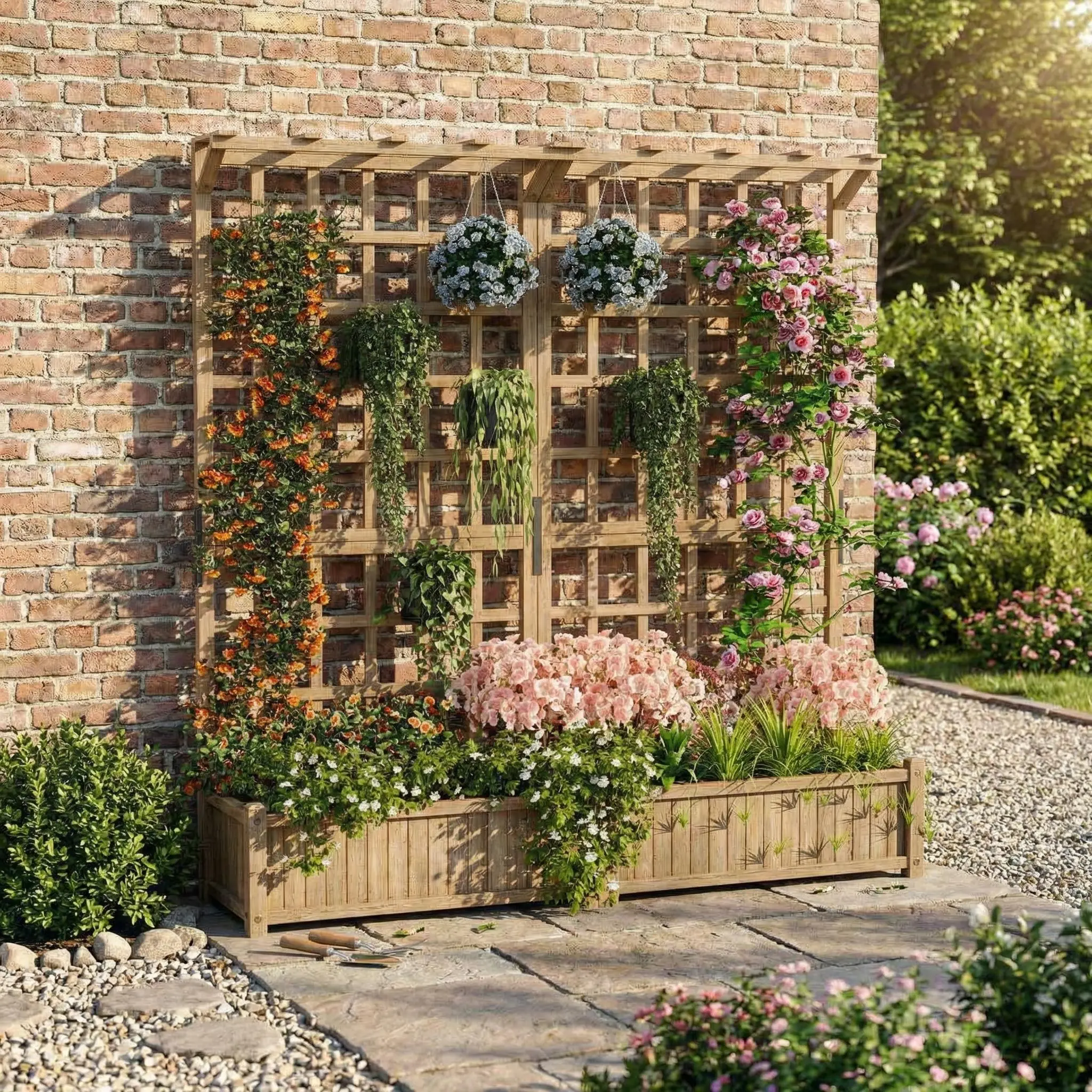🌿 Large Wooden Raised Garden Bed with Trellis & Roof – 1.4ft Deep Planter, 8 Drainage Holes – Privacy Screen for Climbing Plants, Flowers & Veggies – Perfect for Patio or Backyard! ✨