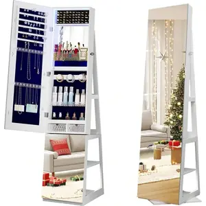 Swivel Jewelry Cabinet With Mirror, Rotating Mirror With Storage, 360° Swivel Jewelry Armoire, 63" H, Rear Storage 4 Tier Shelves