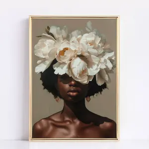 Black Woman Art | African Portrait Floral Design | Elegant Modern Black Art Print | Boho Home Decor | Living Room Decor, Unframe