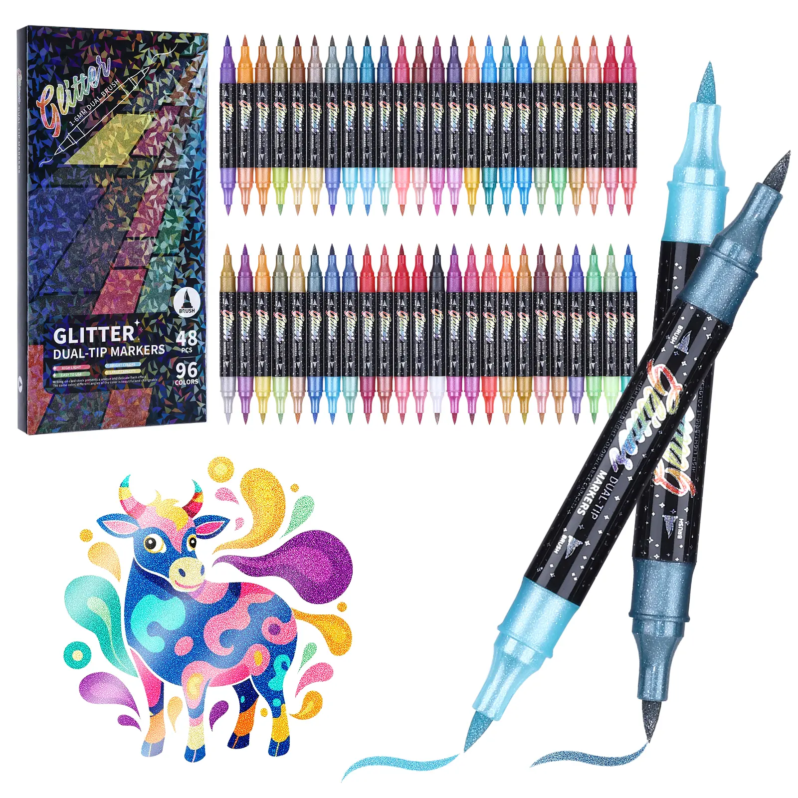 KEMYR Glitter Effect Brush Markers, 24/48/72/96 Sparkle Colors Dual Tip Pens for Adults Coloring Books Cards DIY Crafts Doodle Writing Art Supplies Scrapbooking