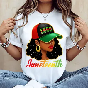 Juneteenth 1865 Black Woman With Hat And Stars Print T Shirt White Crew Neck Casual Loose Fit For Everyday Wear And Sports Activities