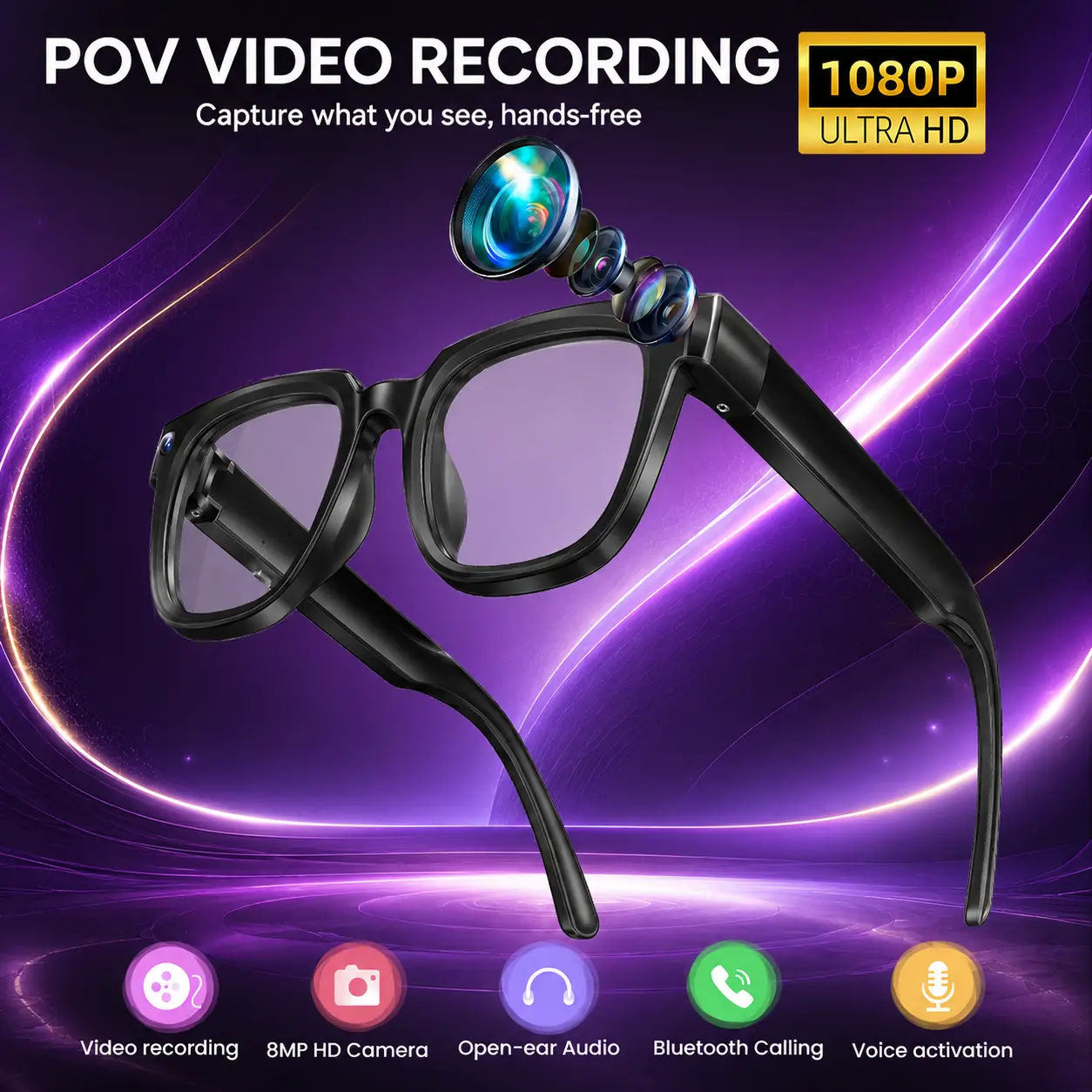 AI Smart Wearable Eye Glasses Camera - 8MP Digital Camera, Hands-Free Photo & Video Recording, Bluetooth Calls, Music Playback, App-Based Translation, Casual Minimalist Lightweight for Travel & Daily Use Cameraglasses smart glasses with camera glasses
