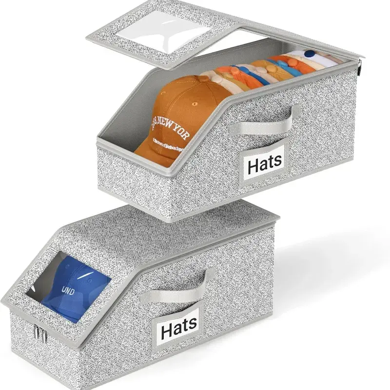 Classic Rectangle Stackable Baseball Cap Storage Box - Breathable Linen Fabric, Dustproof with Transparent PVC Window, Holds Up to 24 Hats, Home Organizer for Wardrobe, Bedroom