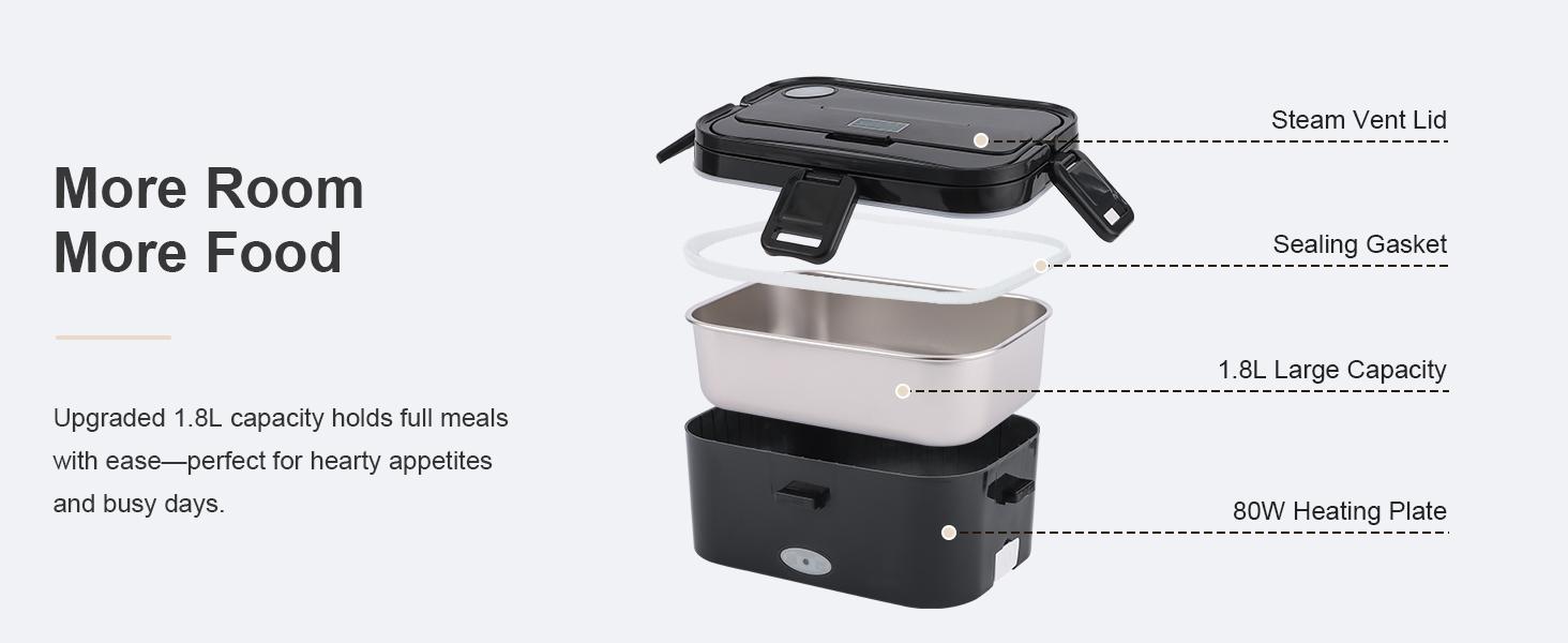 1.8L+0.5L Heated Lunch Box for Men, 80W Electric Lunch Box with Long-handled Utensils for Adults, 12V/24V/110V Lonchera Eléctrica Portátil, Portable Food Warmer for Car/Truck/Office (Black)