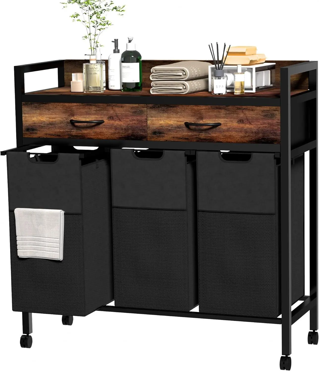 Freestanding Laundry Hamper - Sturdy 3-Section 144L Carbon Steel Sorter with Non-Woven Drawers, 360-Degree Rotating Pull-Out Waterproof Oxford Fabric Removable Bags, Durable Laundry Baskets for Simple Assembly, Abrasion Resistant Easy Storage