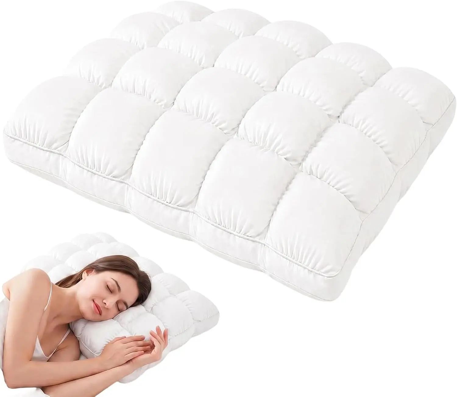 Cooling Marshmallow Puff Sleeping Pillow, Cloud Grid Breathable Soft Support Pillow for Stomach Back Side Sleepers, Multi-Use Pillow for Bedroom Car Office Hotel