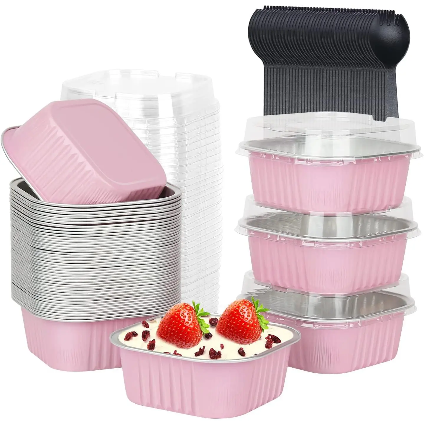 10oz Mini Cake Pans With Lids 40 Pack, Aluminum Foil Square Brownie Baking Cups,Disposable 4"x4" Large Cupcake Pan, Muffin Tin Ramekins Holders-Pink