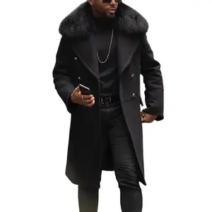 Mens Winter Double-Breasted Woollen Overcoats Mens Casual Slim Fur Collar Long Wool Coats Outdoor Thicken Warm Windproof Jackets