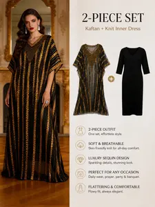Women's Kaftan Abaya, Moroccan Robe Dress, Two-Piece Set with Lining, V-Neck Sequin Embroidery, Dubai Islamic Long Gown, Eid/fast Gift